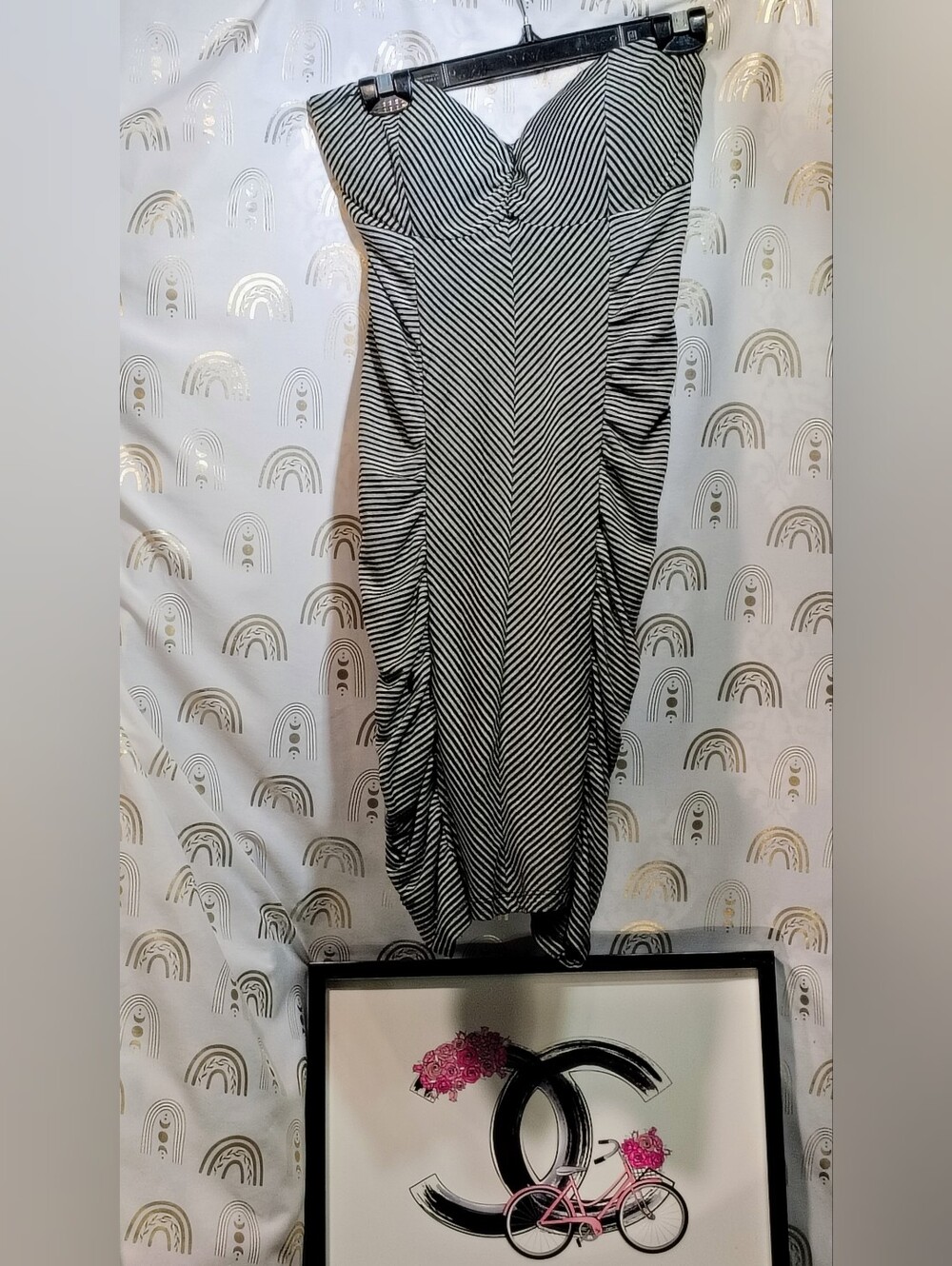 Guess Black and White Striped Strapless Ruched Midi Dress
